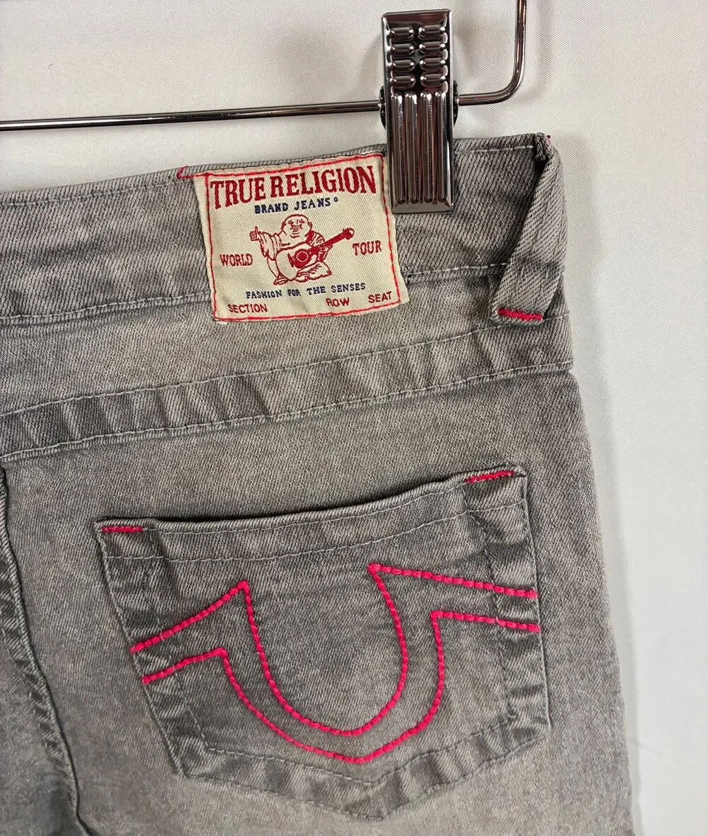 NWT True Religion Leila Mid Rise Wide Leg Grey Jeans Girls Size14 Pink Stitching